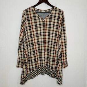 LOGO Lori Goldstein Plaid Sharkbite Tunic Top Large Boho‎ V-Neck Asymmetrical
